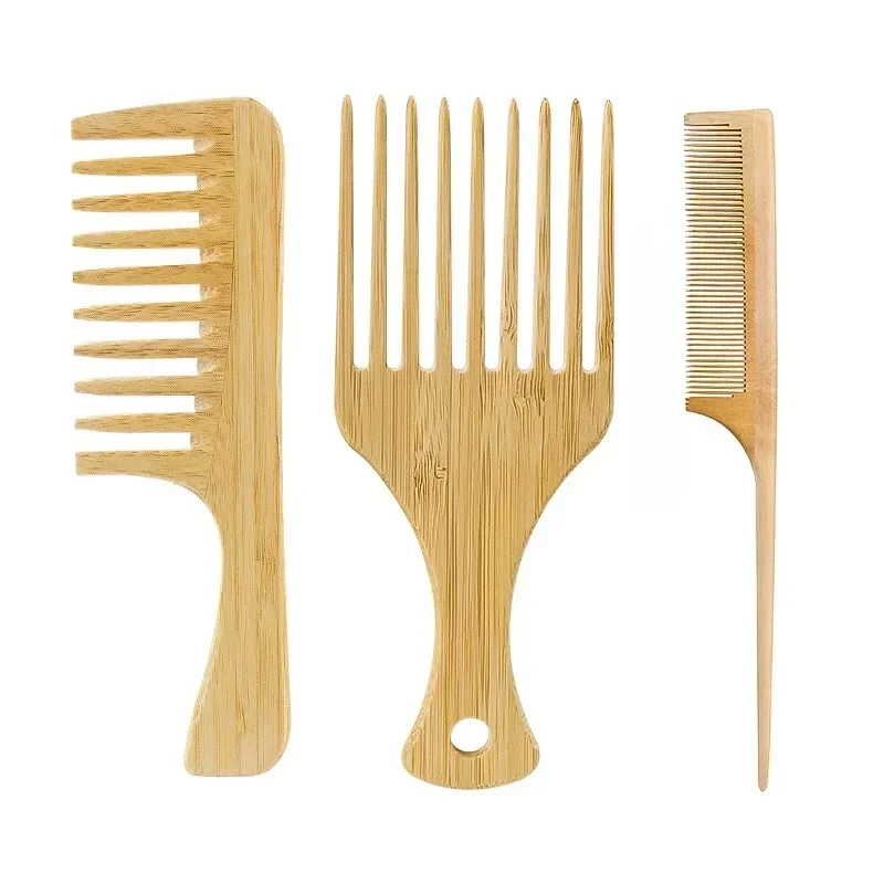 Bamboo Toothbrush - 1 個天然竹木製ヘアコーム帯電防止アフロフォーク櫛女性のためのラウンドワイド歯木製櫛ヘアブラシ女性