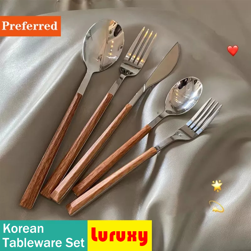 Bamboo Cutlery - 木製ハンドルバー,ステンレス鋼の韓国の食器セット,キッチンナイフ,フォーク,スプーン箸,食器セット