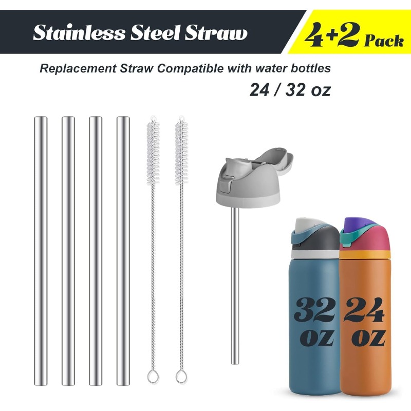 Reusable Straw - Owalaウォーターボトル24オンス32オンス用金属製ストロー交換品、ストロークリーナー付き、再利用可能なステンレス製ストロー