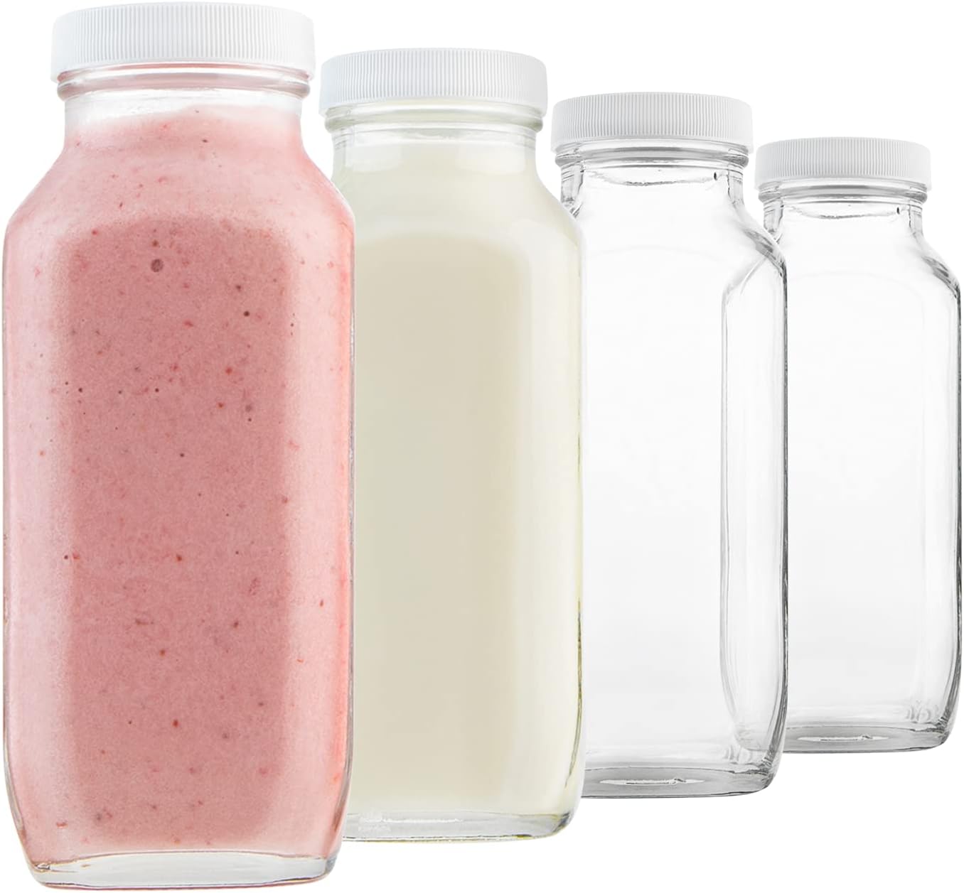 Reusable Bottle - 4パック 16オンス 再利用可能な正方形ガラス製ミルクボトル 蓋付き、ミルク、クリーマー、ジュース、スムージー、ケフィア、ヨーグルト用の気密飲料瓶、ランチボックスや冷蔵庫に最適