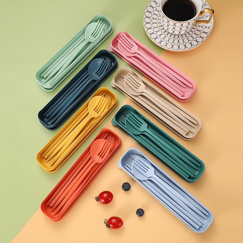 Reusable Straw - 4 ピース/セットポータブル食器ボックス付き健康環境に優しい小麦わらカトラリー再利用可能な箸フォークナイフスプーン食器セット
