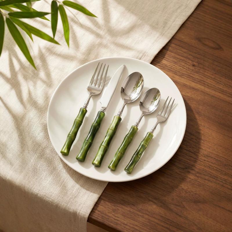 Bamboo Cutlery - 竹製ハンドルのアクリル304ステンレス鋼製カトラリー食器ナイフ、フォーク、スプーン、キッチン用品、結婚祝い