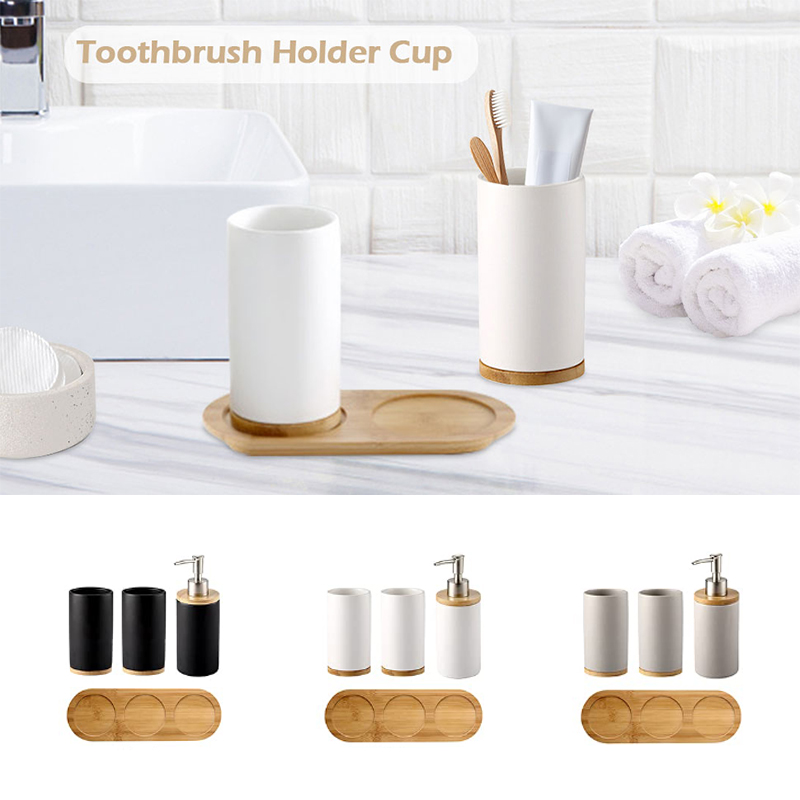 Bamboo Toothbrush - セラミックバスルームセットファインセラミックカップソープディスペンサー歯ブラシホルダーバスルームアクセサリー3点セット竹ベース装飾付き
