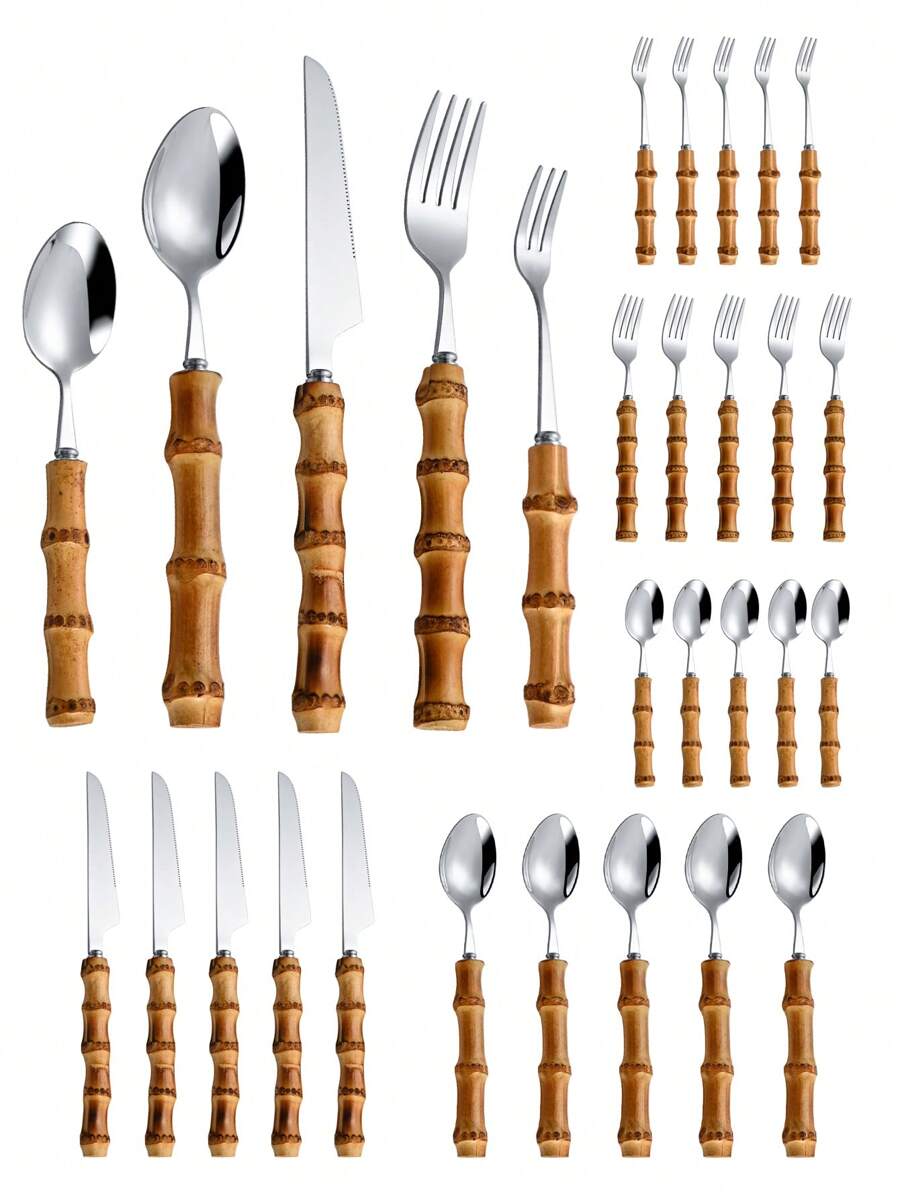 竹製ハンドルの30ピースステンレスカトラリーセット、天然竹ハ - Bamboo Cutlery のレビューと価格