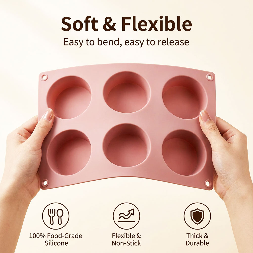 6つの空洞を持つシリコン製丸型ケーキ型、再利用可能なケーキ型 - Eco Soap のレビューと価格