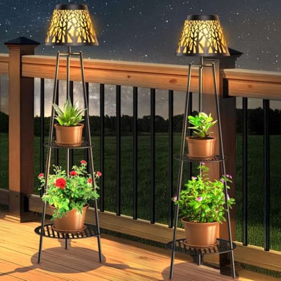 2パック屋外ソーラーフロアランプ、植物スタンド付き、防水メタ - Solar Garden Light のレビューと価格