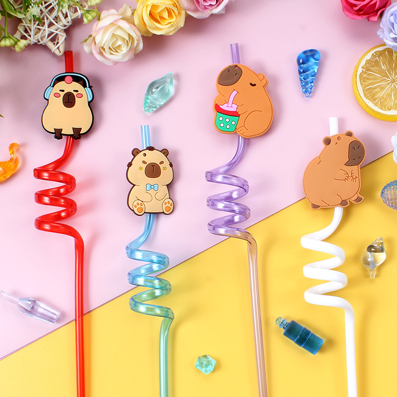 12個の漫画カピバラ再利用可能なスパイラルストロー、装飾用パ - Reusable Straw のレビューと価格