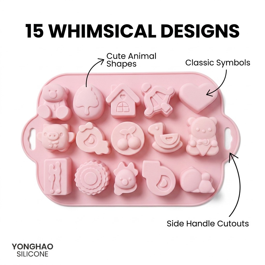 15個の型がある混合型シリコンモールド、クマ、ハート、アヒル - Eco Soap のレビューと価格